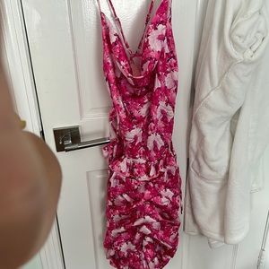 Hot Pink Floral Abstract Print Ruched Frill Detail Strappy Bodycon Dress
